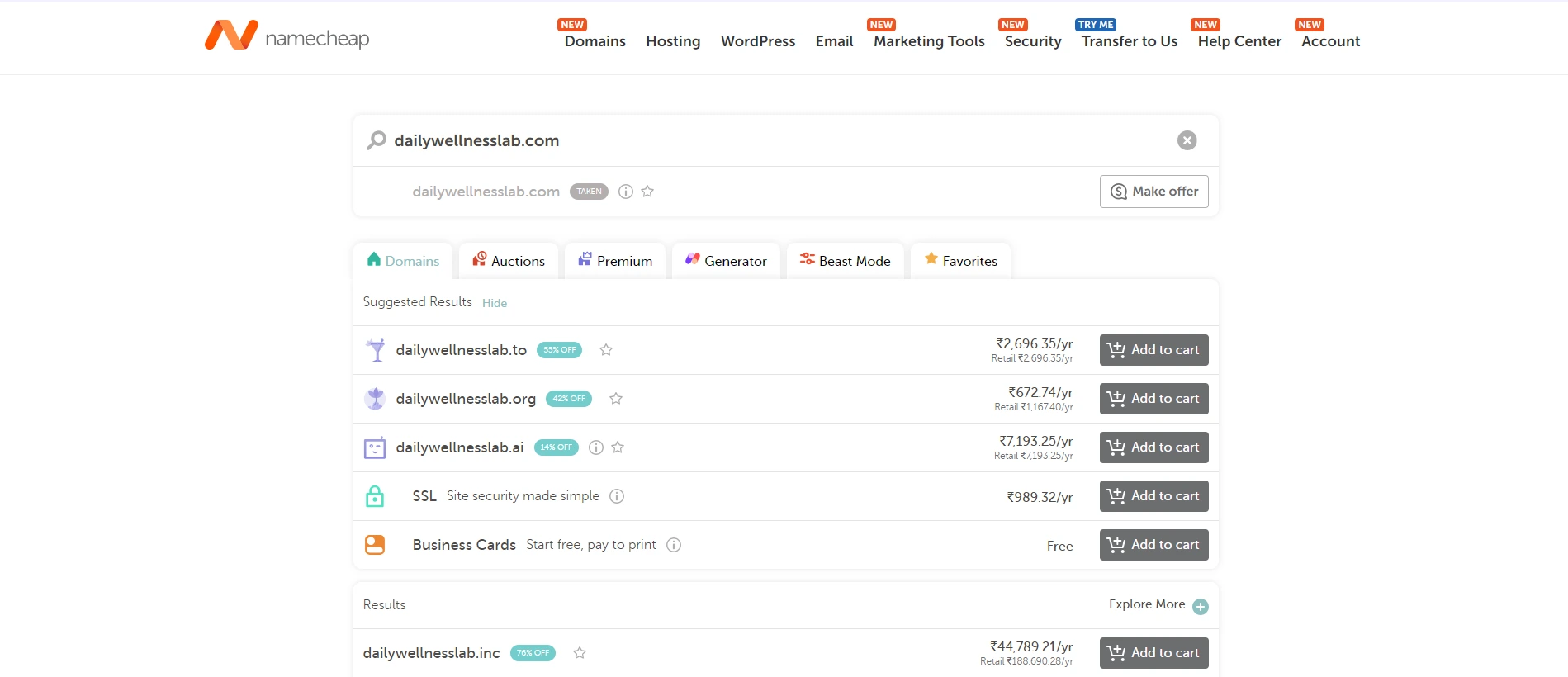 Searching for a domain name on a registrar
